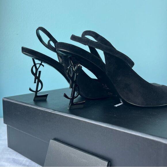 NEW | SAINT LAURENT Opyum Suede Pointed Toe Black Sling Back Heels sz. 37.5 - Picture 8 of 10